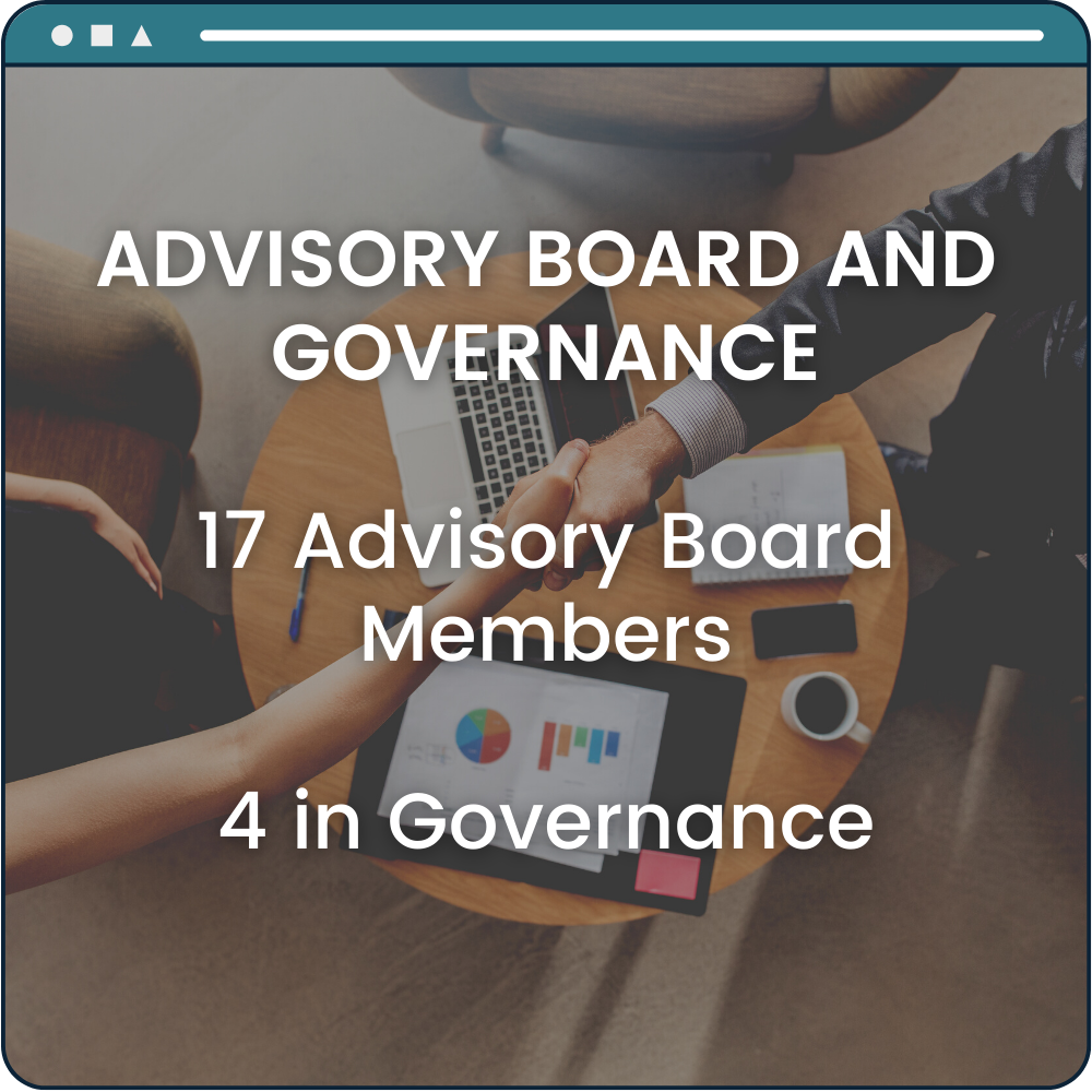 Advisory board and governance: 17 Advisory Board Members, 4 in Governance
