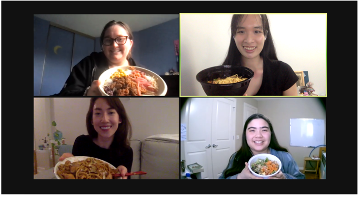 SibYAC celebrates their partnership via a virtual social dinner! Clockwise from top left: Samantha Bellefeuille, Linda Nguyen, Jessica Havens, and Hanae Davis.